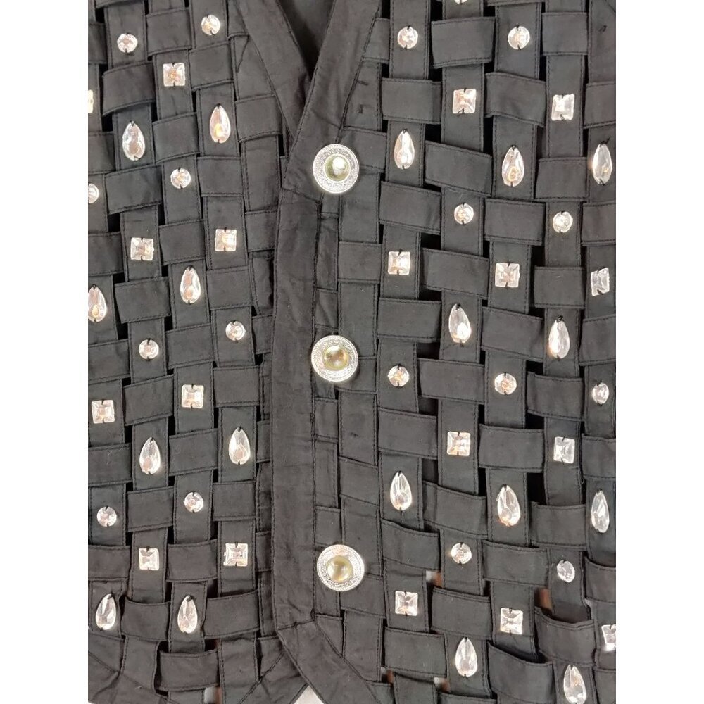VTG Lattice Woven Vest Black Cotton Rhinestone Ellen Richman Y2K Boho Whimsygoth - Picture 10 of 12
